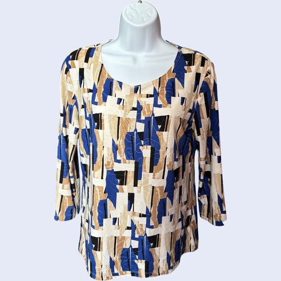 JM Collection geometric abstract 3/4-sleeve scoop neck top petite M - Picture 1 of 5